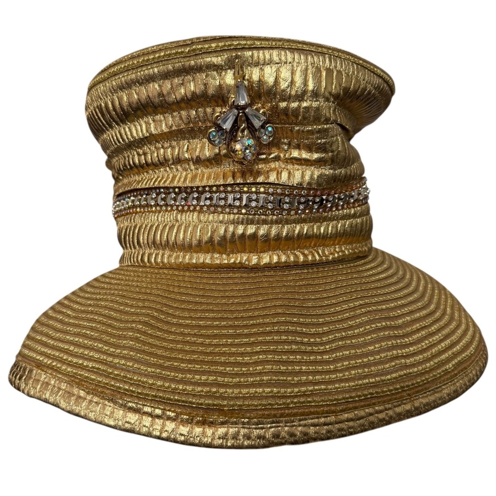 Shellie McDowell NY Gold Metallic Wide Brim Hat Lawrence Vrba Crystal Brooch